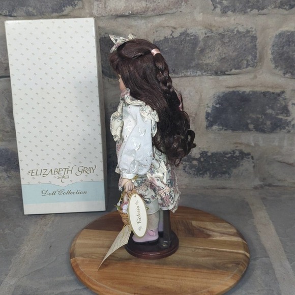 Elizabeth Gray Vintage Porcelain Doll Brunette 16" Floral Dress Parasol Basket - Picture 4 of 16